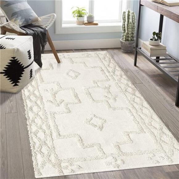 Uphome Boho Washable Rug 4' x 6', Beige Cotton Farmhouse Living Room Rugs - Picture 5 of 7